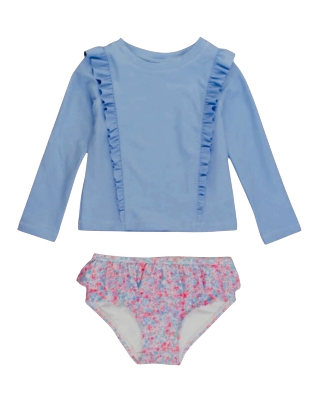 RuffleButts Long Sleeve Rash Guard Swimsuit 2-Piece Set Blue Floral Girl 12-18M